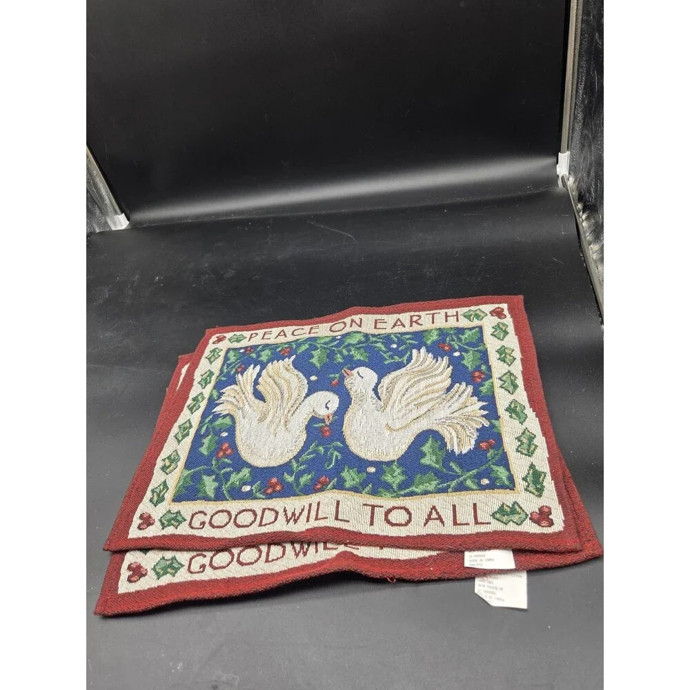 Vtg Christmas Tapestry Dove Peace On Earth Set Of 2 Placements Holiday Berry